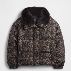 GAP Leopard Print Puffer Jacket with Faux Fur Collar